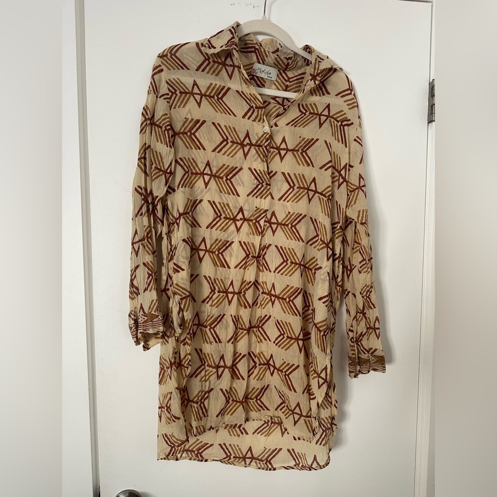 Moksha Ibiza Boho Tunic Dress Cover-Up Long Sleeve Geometric Print – S